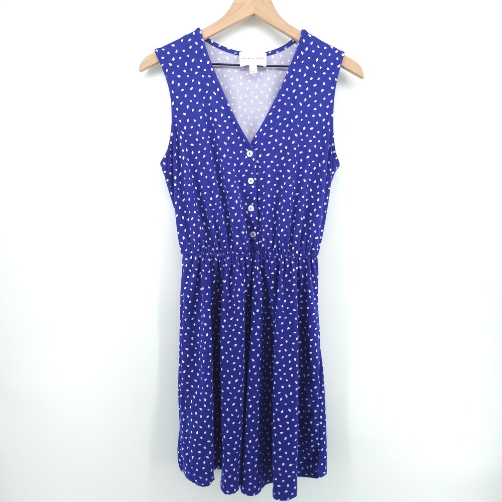 French Grey Women Dress M Blue White Polka Dot V-Neck‎ Sleeveless Fit Flare - Picture 2 of 10